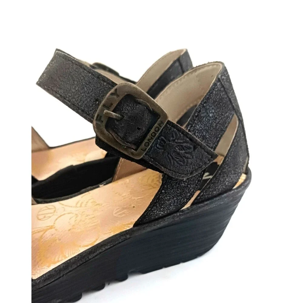 FLY London Rese730Fly Blk Leather Strappy Wedge Sandal Ankle Strap 39/8-8.5